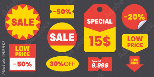 Set of bright promotional sale labels and discount tags in red and yellow colors. Simple stickers, badges, price tags, and banners with sale text, and pricing information. Ideal for retail, marketing.