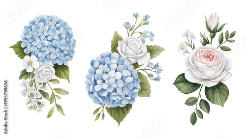 Blue and white floral arrangements with roses and hydrangeas bouquet
