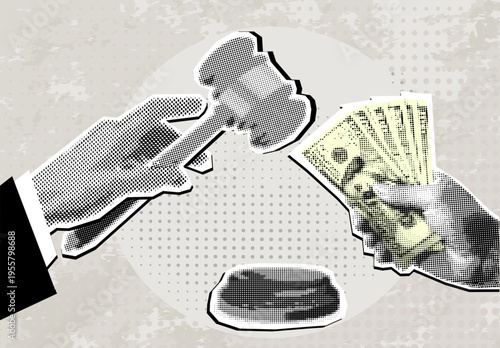 Trendy Halftone Collage hand holding criminal judgment authority hammer and hand giving dollar bills. Violation of the law, bribe for a crime committed.
