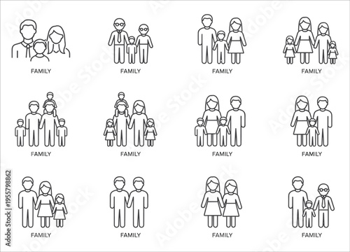 Diverse family icons depicting various generations and compositions on transparent background silhouette high quality professional detailed modern elegant stylish