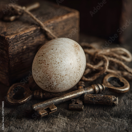 Macro shot of a single egg resting on a pile of vintage skeleton keys on a rustic wooden desk. - Image #2 @Ai content creator