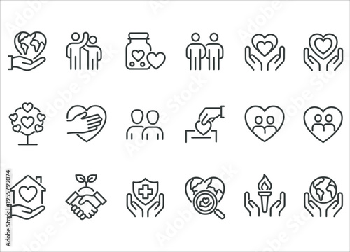 A collection of charitable giving and love themed line icons on transparent background silhouette high quality professional detailed modern