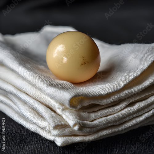 Macro shot of a single pale yellow egg resting on a stack of white folded linen napkins. - Image #1 @Ai content creator