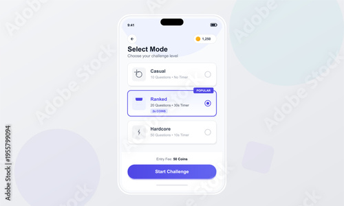 A mobile application interface displays a game mode selection screen with options for casual, ranked, and hardcore levels, featuring a start challenge button and coin balance.