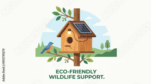 Eco-friendly wooden birdhouse with solar panel and blue bird on branch vector illustration