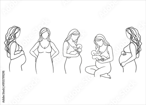 A series of line art depictions of motherhood pregnancy and nurturing on transparent background silhouette high quality professional detailed