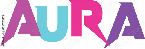 Bold and colorful typography spells out the word "AURA" with each letter in a distinct vibrant hue on transparent background