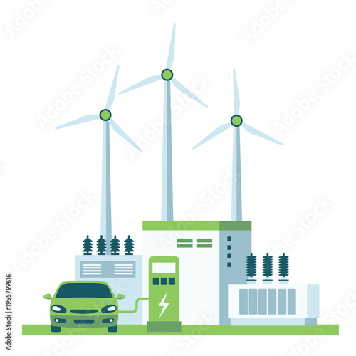 Electric car charging the battery at electric charging station. Wind turbine electricity power as alternative energy. Modern vehicle powered by alternative energy