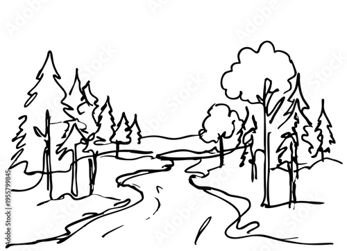 Landscape river or lake and trees, wild forest outline sketch vector. Doodles landscape