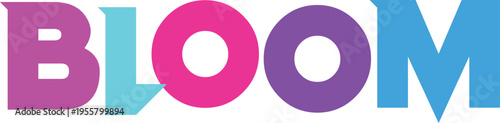 Bloom word typography vector design featuring vibrant colors and geometric letterforms for creative branding needs