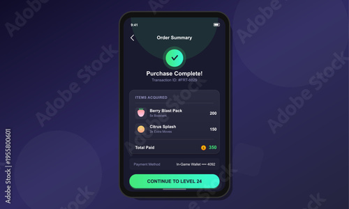 A smartphone screen displays a successful order summary for a mobile game purchase. It features a list of acquired items, the total paid in virtual currency, and a green action button.
