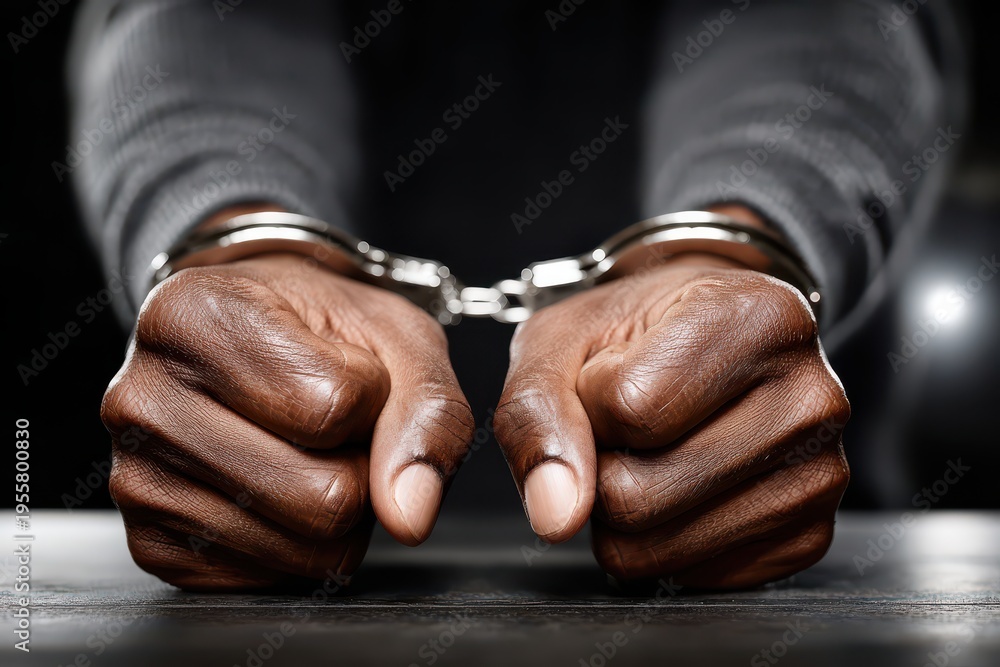 Fototapeta premium Close-up of handcuffed hands of an African American male, representing law enforcement, arrest, and the justice system, shown against a dark, blurred background.