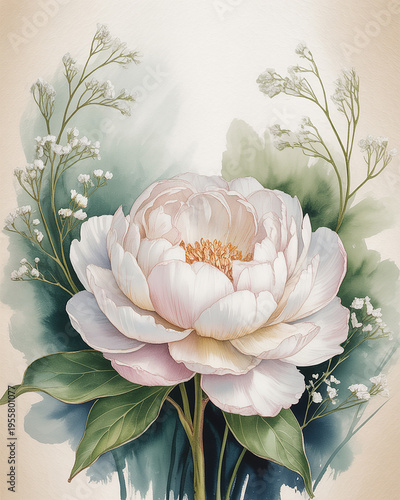 Delicate white peony with soft pink blush and small white blossoms green