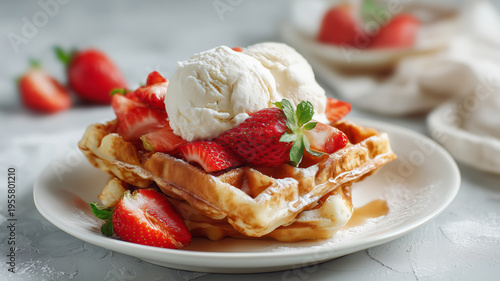 Belgium waffles with strawberries and ice cream on white plate on a bright rustic background 