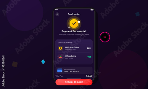 A smartphone displays a payment confirmation screen for an in-game purchase of virtual currency and free spins, featuring a dark purple user interface and a red button.