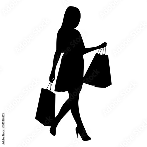“Minimalist black stick figure silhouette holding shopping bags in both hands, dynamic pose, flat icon style, isolated on white background, vector design, no details, bold solid black shape”