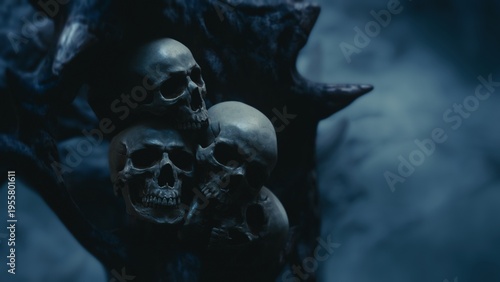 Cinematic 3D rendering of a gloomy witch lair. Close up of grungy human skulls merged with twisted wood with sharp fangs on branches. Distant murky foggy forest blurred background. Dismal atmosphere.