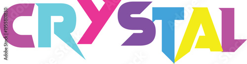 Striking graphic design featuring word crystal with each letter in different bright colors on transparent background