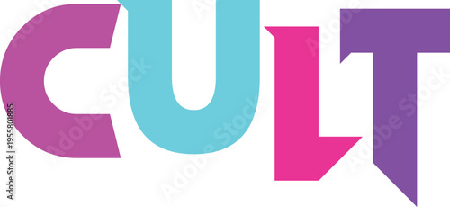 Bold graphic design featuring word cult with each letter in different bright colors on transparent background