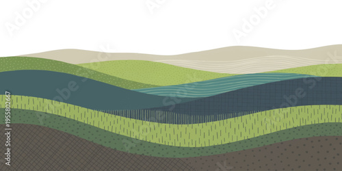 Abstract layered landscape background with rolling hills and textured patterns vector illustration in earthy tones