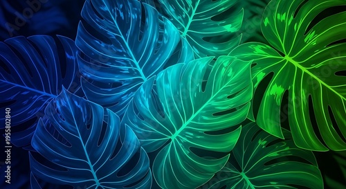 Dark Tropical Leaves Background with Neon Green and Blue Foliage