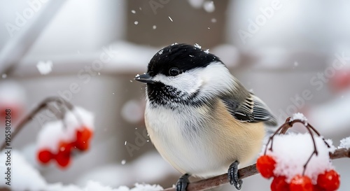 Small Bird Sitting on Branch in Winter Snowfall Close Up