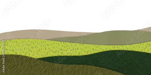Abstract layered landscape background with textured rolling hills in natural green and earthy tones