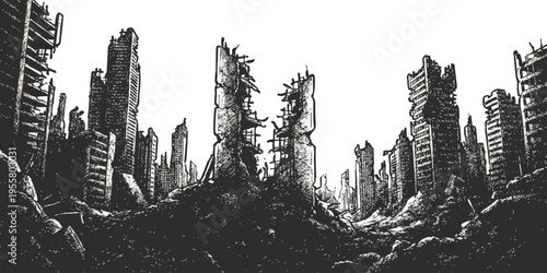 Post-apocalyptic ruined city landscape with destroyed skyscrapers hand drawn sketch style vector illustration