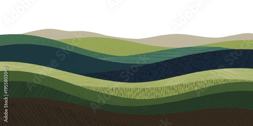 Abstract layered landscape background with rolling hills and textured patterns in organic green tones