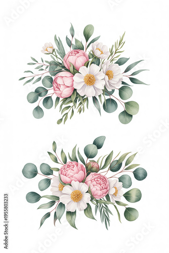Pink peonies white anemones eucalyptus floral arrangements eucalyptus leaves botanical illustration