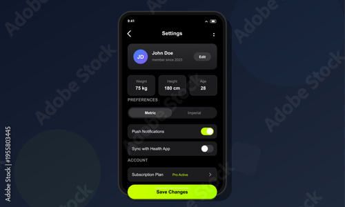 A mobile application interface displays a user settings screen with profile information, physical metrics, notification preferences, and a subscription plan on a dark background.