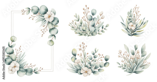 Watercolor eucalyptus floral arrangements with delicate blossoms green
