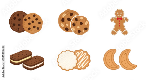 Assorted cookies including chocolate chip gingerbread and shortbread on a white background
