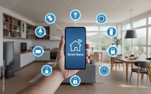 Smart home mobile application interface with connected IoT devices and automation system