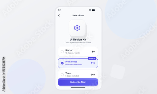 This mobile app user interface shows a select plan screen for a design kit. It includes starter, pro, and team options with prices and a large blue subscribe button on a white phone.