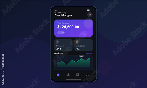 A modern mobile application dashboard displaying financial analytics, total revenue, new leads, and active deals on a dark interface with a green line graph and purple highlights.