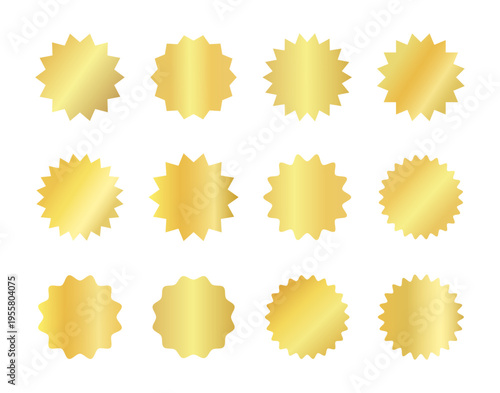 Round shaped golden starburst price tag, stamp, sale, labels and badges stickers set. Vector shape set. 