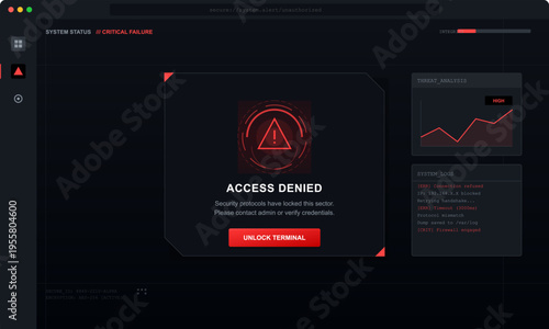A dark futuristic computer interface displays a red access denied warning message with a critical failure status, threat analysis graph, and system logs on a black background.