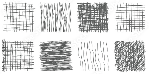 Collection of hand drawn scribble square textures and sketchy grid patterns vector illustration set