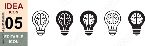 Brain in light bulb icon set. Creative, generating idea, solution , knowledge, lamp - stock vector.