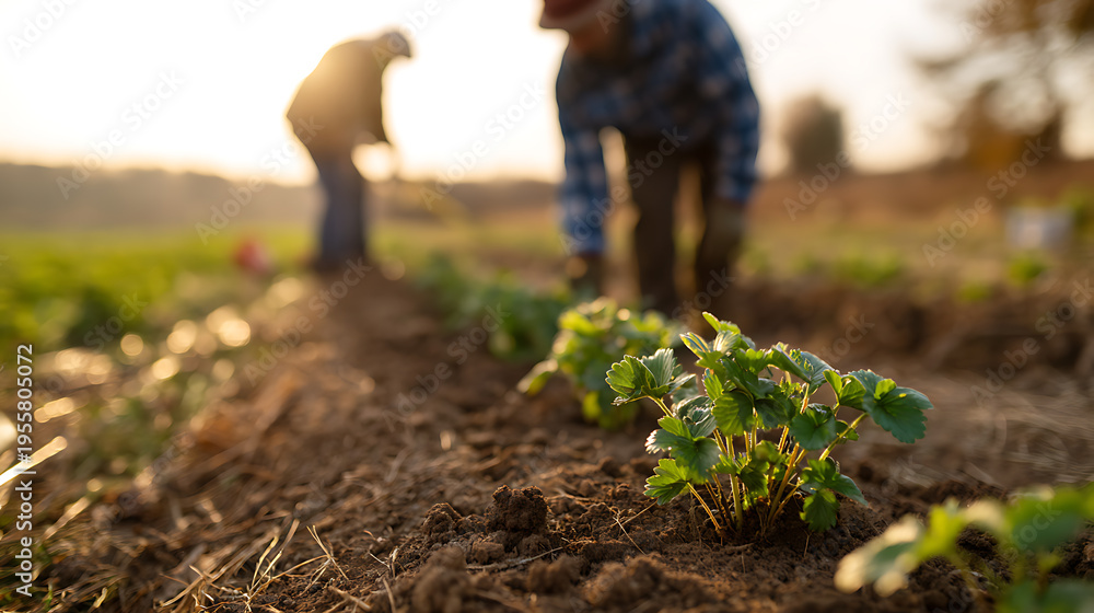 Obraz premium Farmers work a vibrant green crop field at sunrise, cultivating new growth and ensuring a sustainable harvest under warm, golden light