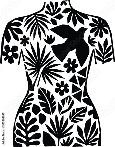 Artistic woman silhouette filled with botanical leaves flowers and flying bird minimalist black vector illustration for wellness beauty fashion and nature background
