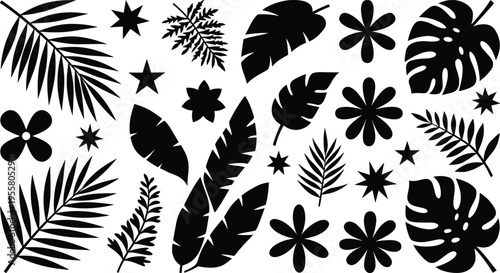 Tropical leaf and flower silhouette collection featuring monstera palm fronds and jungle botanical elements for minimalist nature design projects and summer graphics.