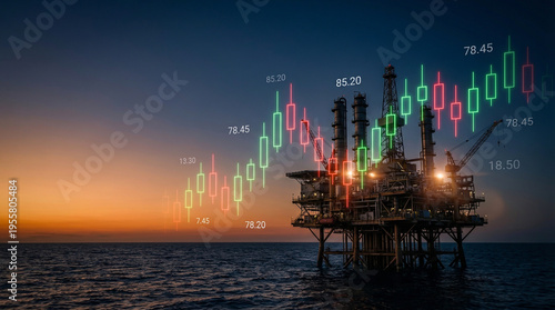 Εκτύπωση καμβά Oil rig in the ocean at twilight with financial trading graph and numbers