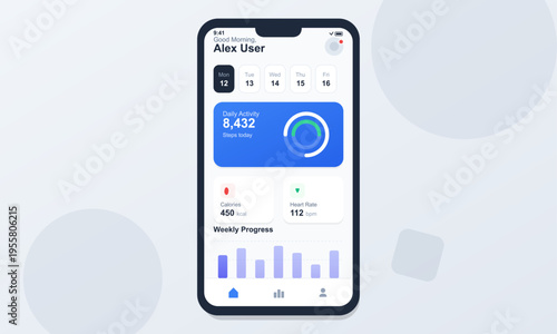 A mobile phone screen shows a health and wellness app interface featuring activity metrics like steps, heart rate, and calories alongside a weekly progress bar chart and calendar.