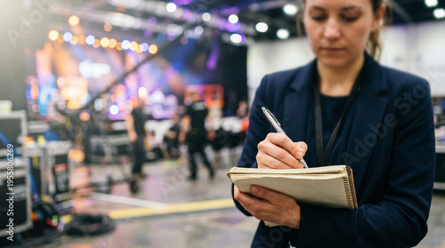 Female event coordinator taking notes at a blurred concert stage venue