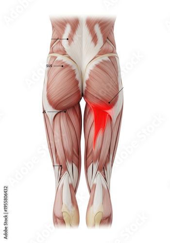 detailed 3d rendering of human posterior leg muscles, adductor magnus highlighted crimson red on a white background, demonstrating anatomical study concept