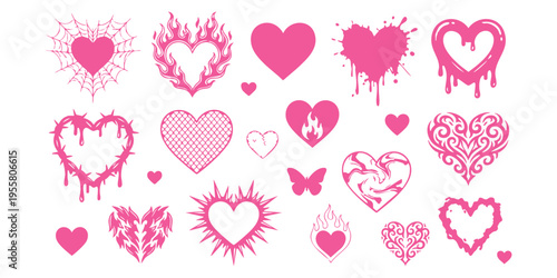 Set of various decorative pink heart icons and symbols for romantic design vector illustration