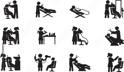 Black and white illustrations of various hairdressing and beauty salon procedures
