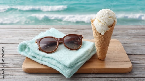 Sunglasses and folded towel with vanilla ice cream cone on wooden table by the sea, symbolizing summer beach vacation and relaxation,